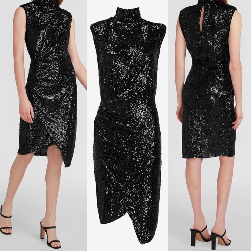 Express Sequin Asymmetrical Mock Neck Dress in Black
